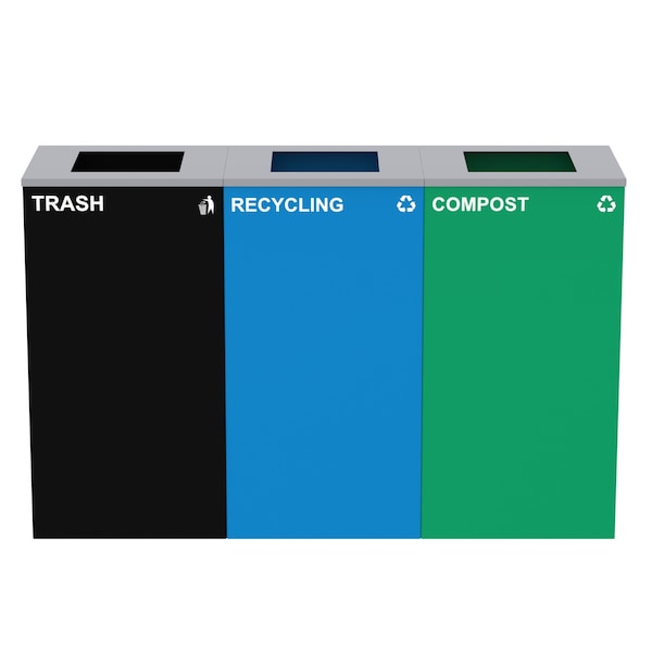 Alpine Industries 87 Gal. 3-Stream Black Steel Square Open Top Trash Can Compost and Blue Recycling Station ALP4450-BLK-KIT14 - main